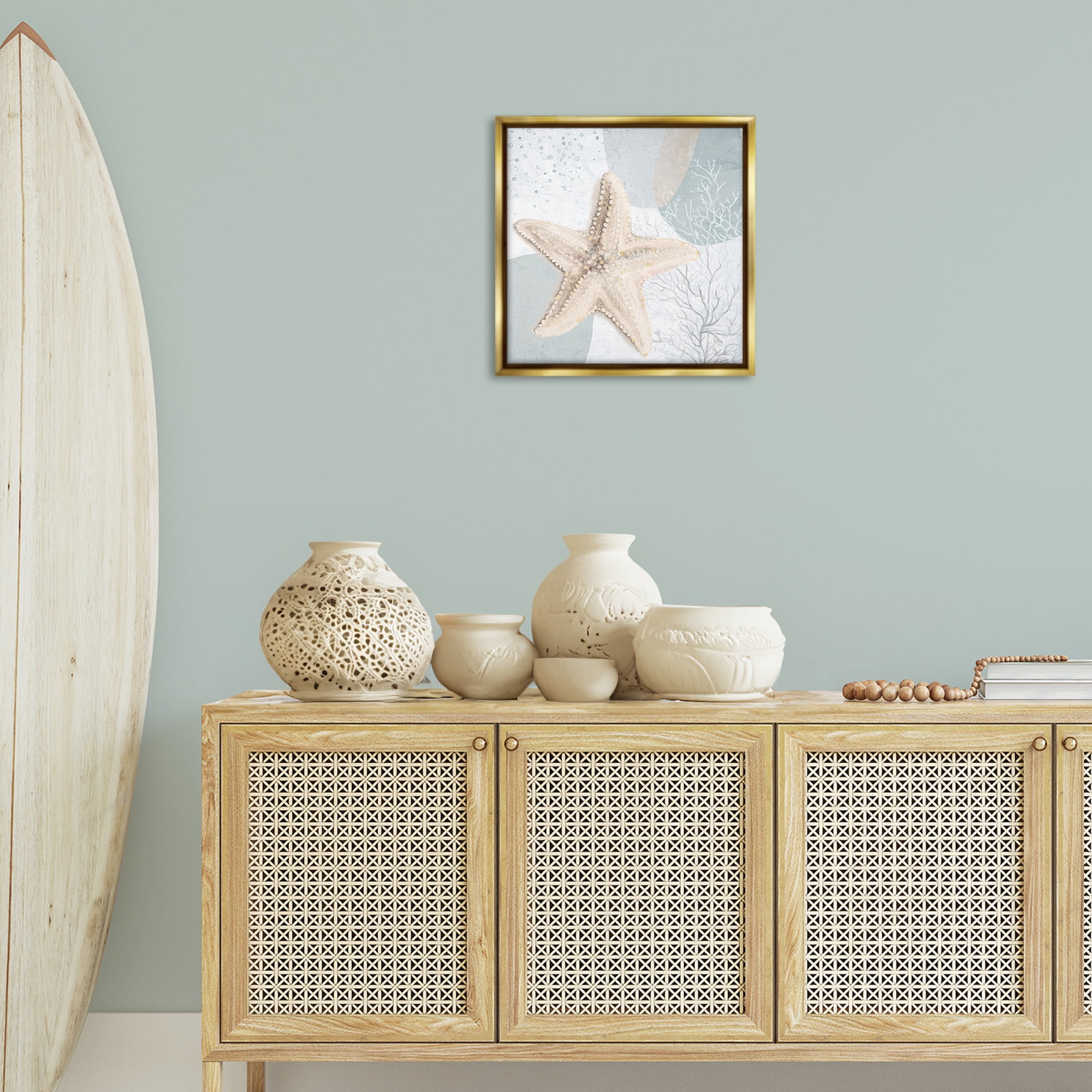 Stupell Industries Starfish over Circle Pattern Coastal Painting Gold Floater Framed Canvas Art Print Wall Art, 18 x 18