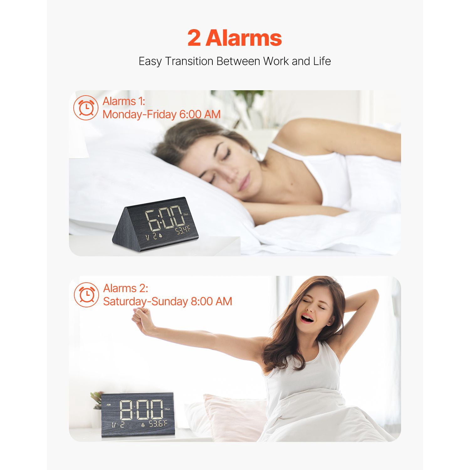 Dual Alarm Digital Clock with Adjustable Volume, 3 Volume Levels 9-Minute Snooze, Battery Operated Desk Clock for Bedroom Office Wake Up