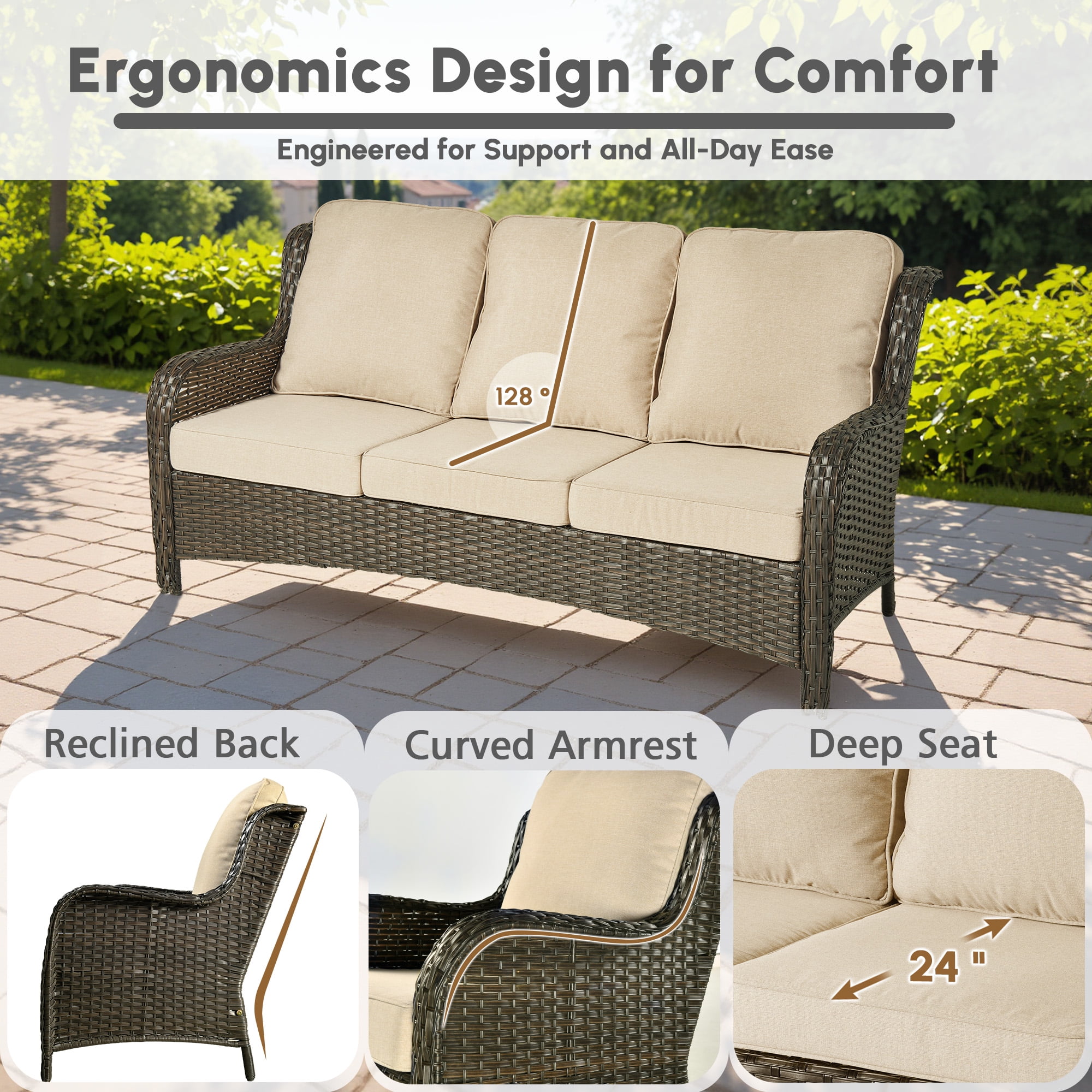 Ovios 6-Piece Patio Furniture Set All-Weather Wicker Outdoor Conversation Set with Sofa Swivel Chairs and Ottomans, Beige