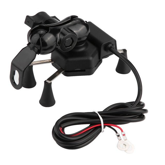 soporte de montaje para cargador usb, soporte universal para teléfono de motocicleta, soporte para teléfono, el mejor en su clase Negro soporte de aleación de aluminio con puerto de carga USB y cable de alimentación; base con cuatro esquinas de bloqueo de goma y brazos metálicos, junta giratoria 360° y abrazadera para manillar, primer plano sobre fondo blanco; también suele usarse para mantener y cargar GPS o dispositivos pequeños durante viajes.