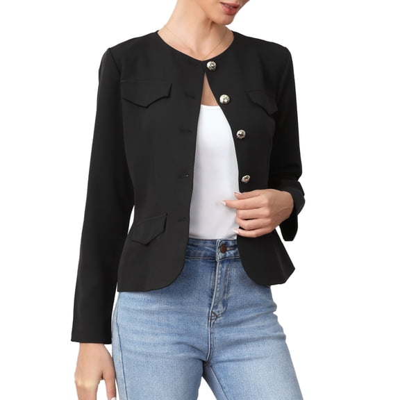 Business Casual Blazer Jackets for Women Long Sleeve Collarless Button Down Office Work Jacket XS Black