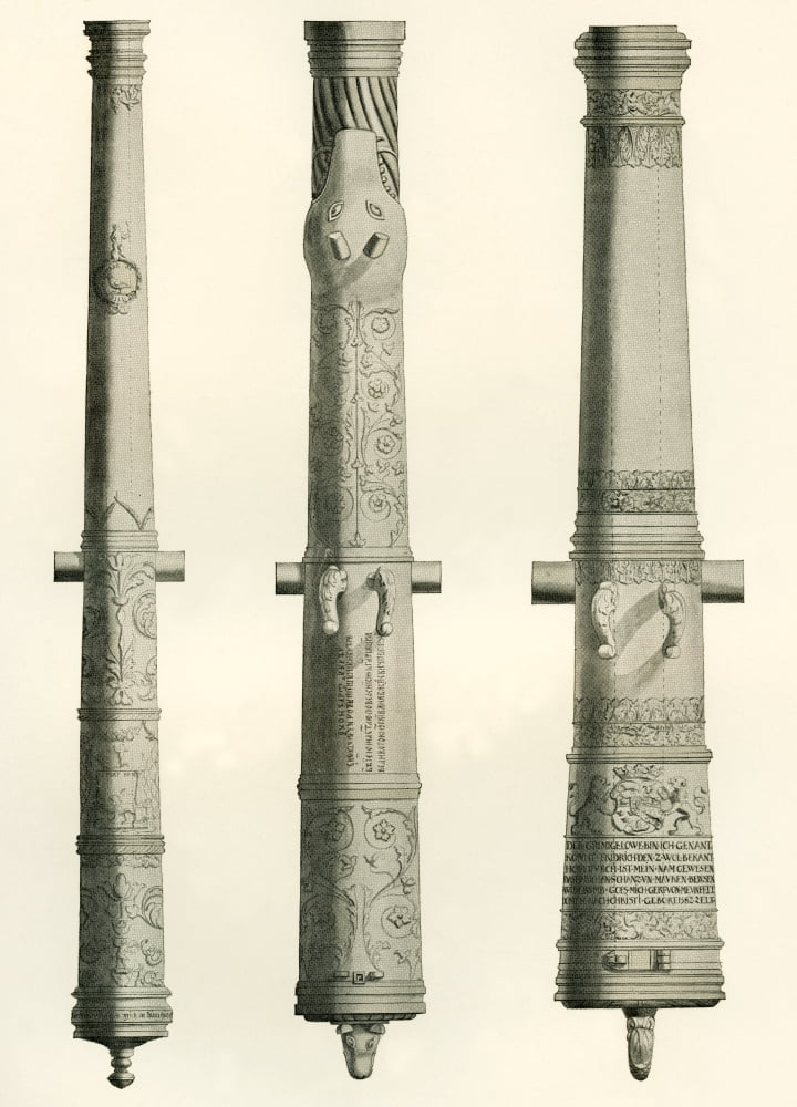 Examples of cannons From left to right a German Nachtigall cannon cast in Brunswick Germany a Russian cannon probably from Narva Russia dating from around 1700 and a Danish cannon called Der Grimige L