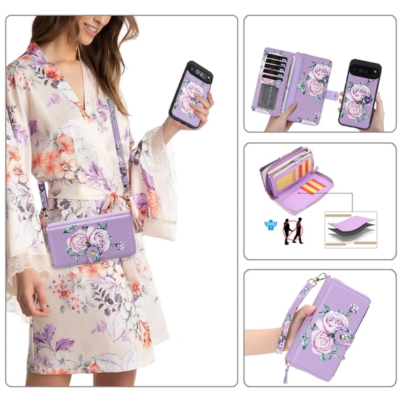 Allytechgroup For Google Pixel 8A Wallet Case with Credit Card Slot Cash Slot, Support Wireless Charging Magnetic Closure Heavy Duty PU Leather Protective Case Cover with Wrist Strap, Purple