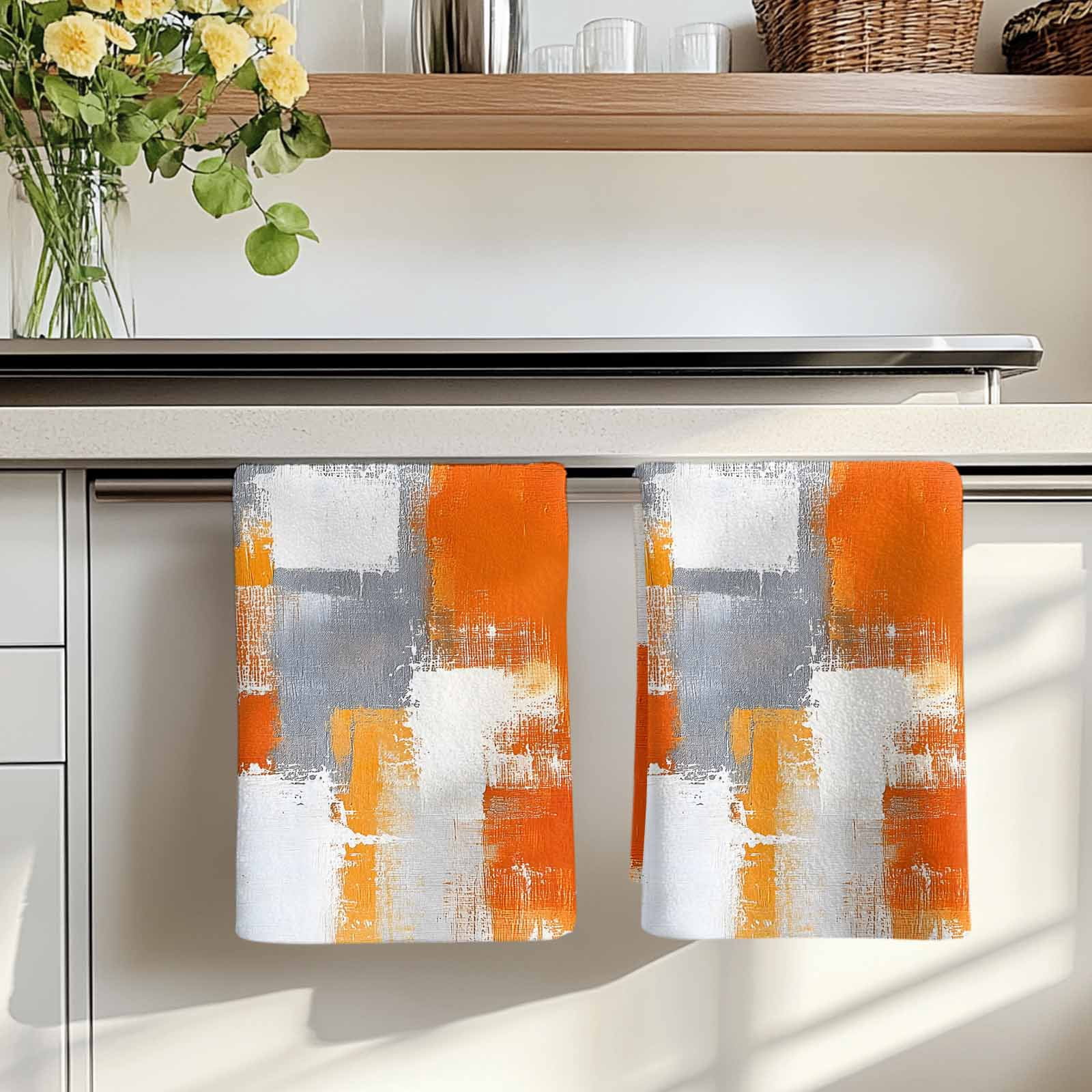 Burnt Orange Grey Kitchen Towels Set of 2, Modern Oil Painted Geometric Abstract Absorbent Dish Towels for Kitchen, Microfiber Hand Towel, Quick Drying Tea Towel for Cleaning Decorative Dishcloths