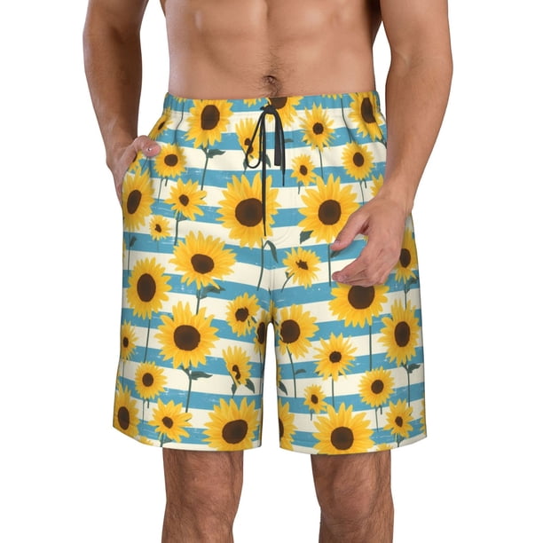 Balery White Blue Striped Sunflower Traje de Baño Estilo Hawaiano para Hombre, Shorts de Secado Rápido con Bolsillos-Small