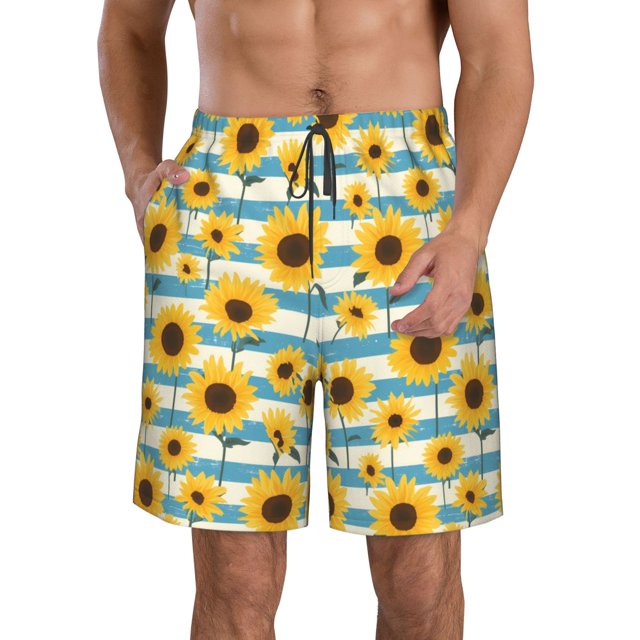 Balery White Blue Striped Sunflower Traje de Baño Estilo Hawaiano para Hombre, Shorts de Secado Rápido con Bolsillos-X-Large