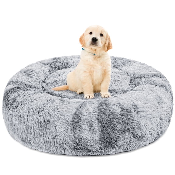 Exclusivo Mezcla Calming Donut Pet Bed for Small Dogs 20", Anti-Anxiety Plush Cozy Warming Dog Bed, Grey