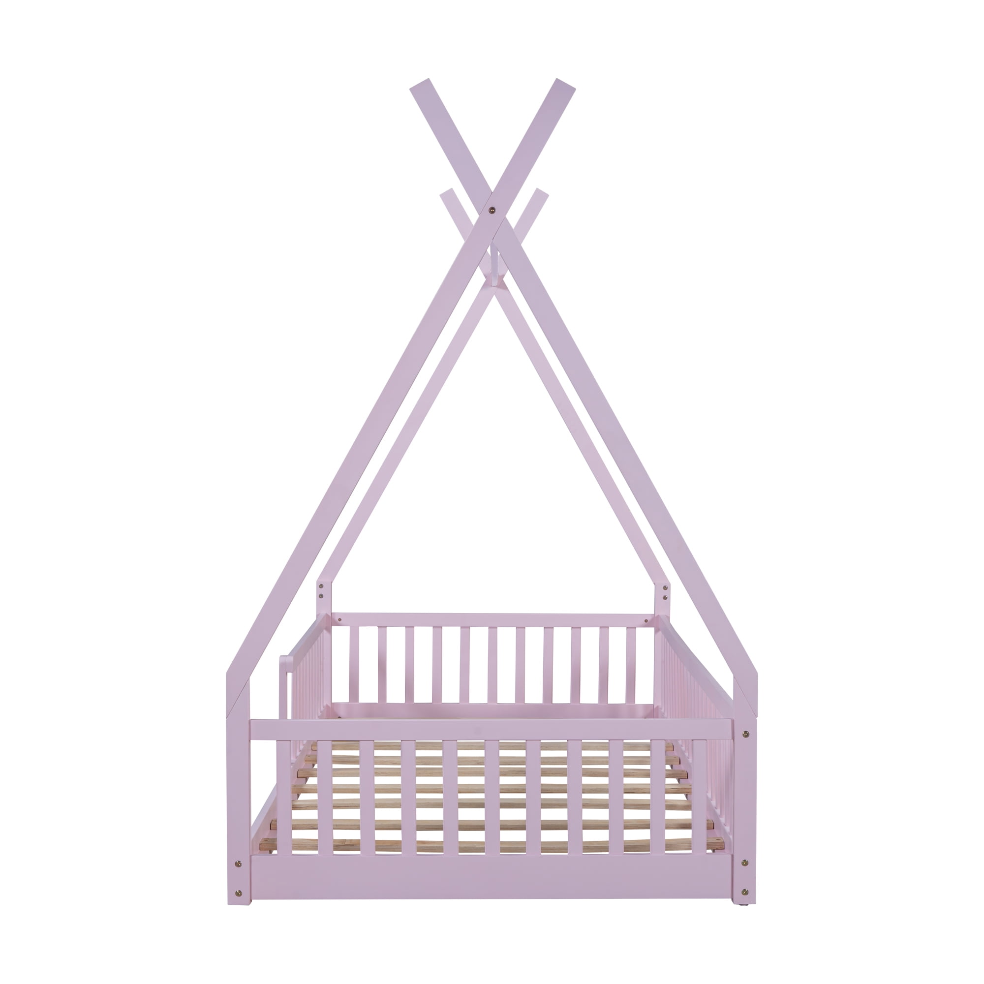 Kumix Tent Floor Bed with Fence Guardrail, Wooden Twin Size Floor Bed with Triangle Framework for Teens Boys and Girls, Floor Bed with Slats Supports for Bedroom, Noise-Free, Pink