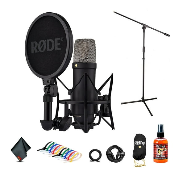 RODE NT1 5th Gen Cardioid Condenser Microphone (Black), XLR/USB Hybrid | Studio Recording + Floor Stand + Cable Ties + More