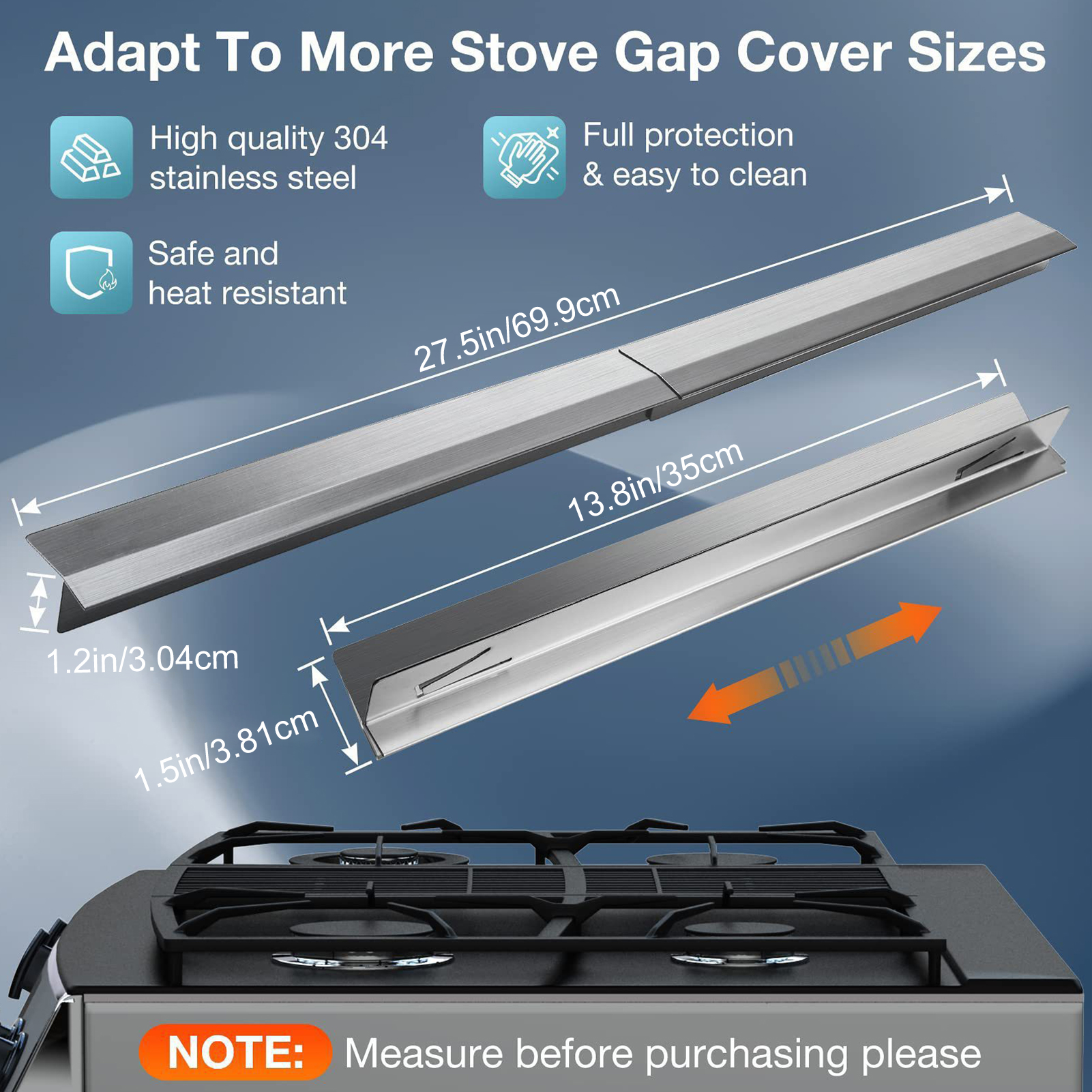 Hariumiu 2Pcs Stainless Steel Stove Gap Covers Heat Resistant Stove Guard Adjustable Length Stove Gap Filler for Kitchen Oven Counter Range Trim Kit