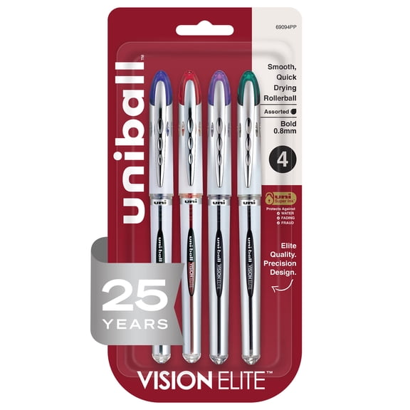 uniball Vision Elite Rollerball Pens, Bold Point, 0.8mm, Assorted Ink Colors, 4 Count