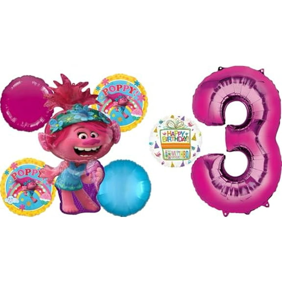 Poppy World Tour 3rd Birthday Party Supplies 7pc Balloon Bouquet Decorations