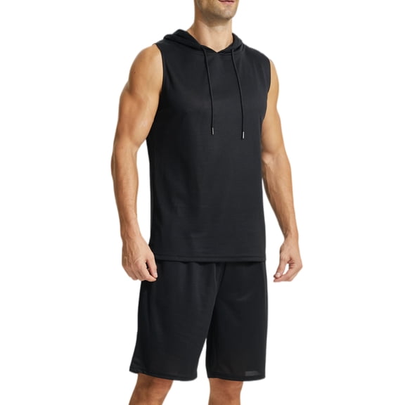 YUSHOW Men's 2 Piece Summer Outfits Sleeveless Hoodie and Gym Shorts Set Breathable Mesh Workout Set, Size L