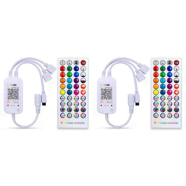 2 controladores LED Bluetooth DC5-24V + 40 teclas de control remoto, control por aplicación y sincronización de música RGB IR RF para luz LED RGB 5050