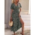 thumbnail image 6 of Green Womens Floral Print V-Neck Wrap Midi Dress With Slit, 6 of 6
