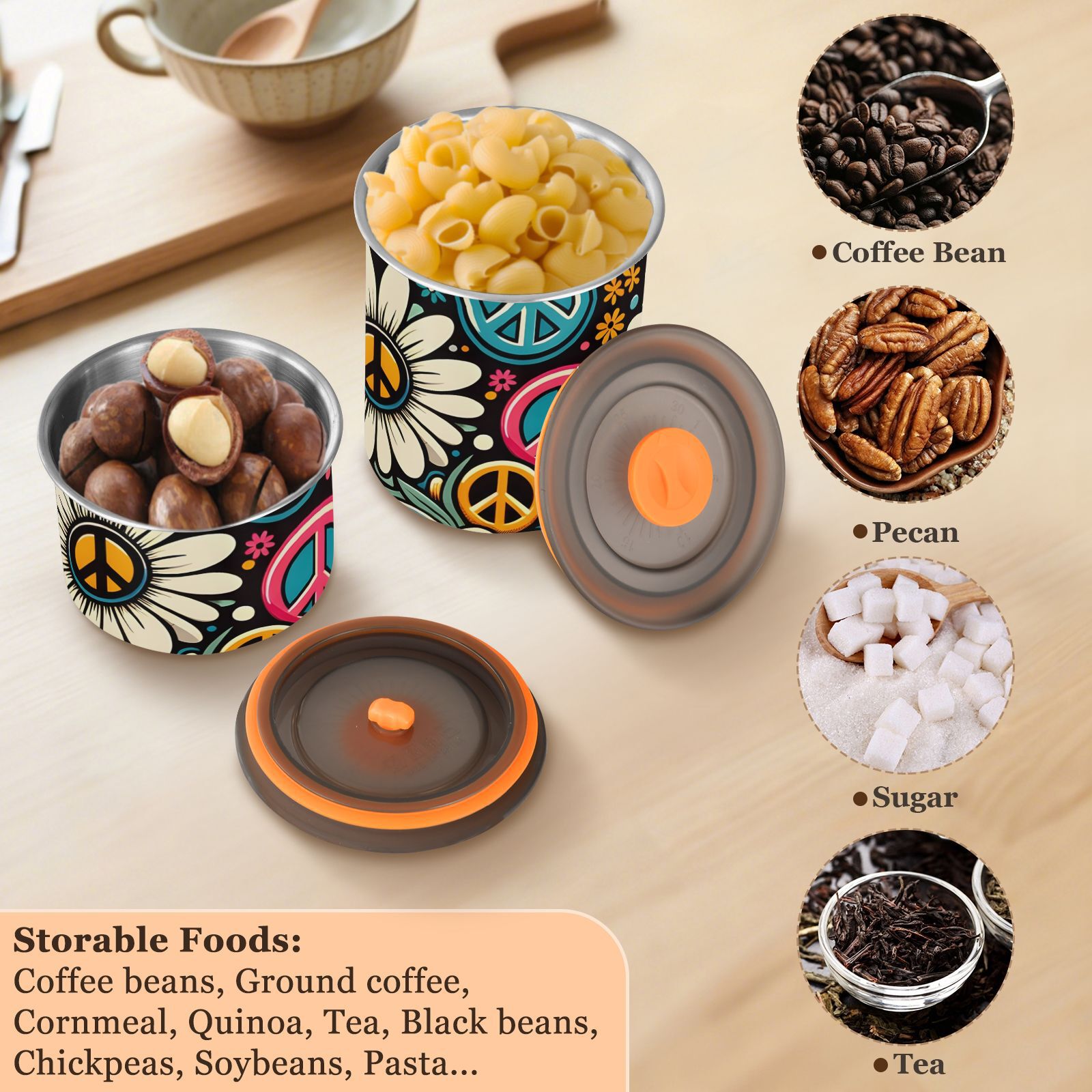 Daisy Flower Peace Vintage Airtight Coffee Bean Canister 30oz Food Storage Containers with Lids For Gournd, Tea, Sugar, Flour, Rice, Cereal, Candy Cookie Jar