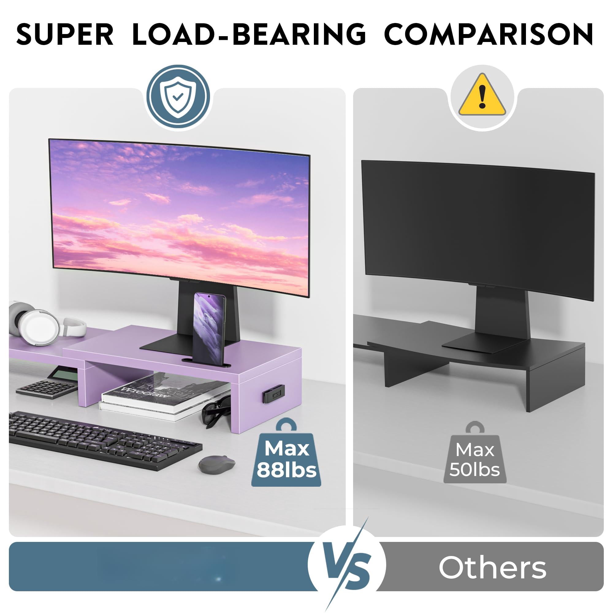 Dual Monitor Stand Riser With Smartphone Holder  Adjustable Length & Swivel Angle Wooden Desktop Organizer For Pc Laptop Printer Large Storage Purple