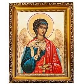 Guardian Angel Icon- In Wooden Gold Frame - Icon is Gold Foil - Comes With Hook for Hanging and Stand For Standing - Lined With Blue Velvet on The Back 9 1/2"x 7 1/2"