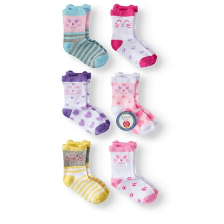 Jefferies Socks Girls Socks, 6 Pack Cat Crew Socks (Little Girls & Big