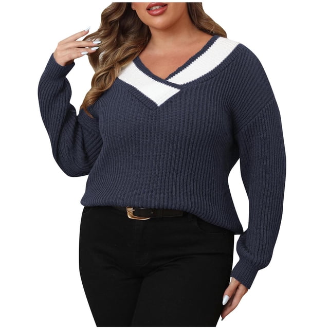 Timegard Sweaters for Women V Neck Long Sleeve Color Block Pullover Fall Fashion Loose Comfy Knit Tops