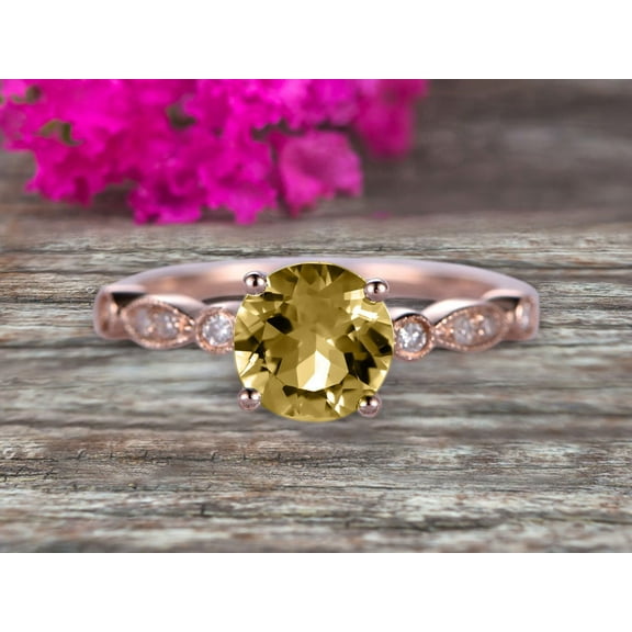 1.50 Carat Wedding Ring Champagne Diamond Moissanite Engagement Ring 6mm Round Cut Art Deco 10k Rose Gold Anniversary Gift Personalized for Brides