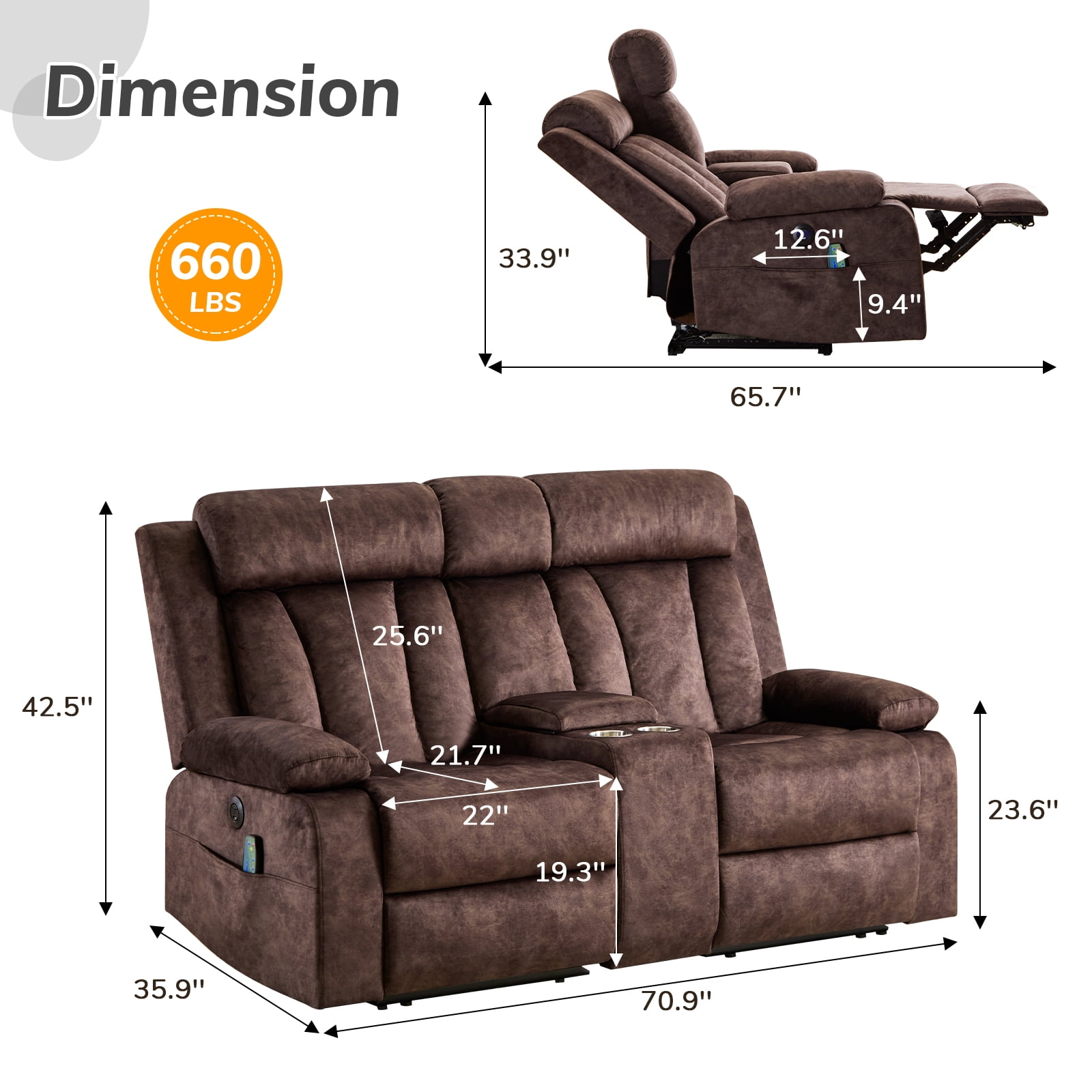 Power Recliner Loveseat Sofa with Console Storage, Heat & Massage, Reclining Sofa Couch with Cup Holders, USB & Type-C Ports, Dutch Velvet Recliner Couch for Living Room, RV,Office,Apartment
