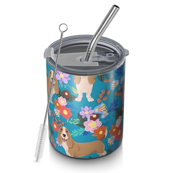 12oz Coffee Tumblers Basset Hound Dog and Flower-1 Stainless Steel Vacuum Insulated Travel Tumbler Coffee Cups Mug with Lid and Straw with Cleaning Brush for Cold & Hot Drinks
