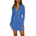 thumbnail image 2 of ZAXARRA Women's Spring Summer Short Dress Solid Color Long Sleeve V Neck Tie Up Party Dress, 2 of 9