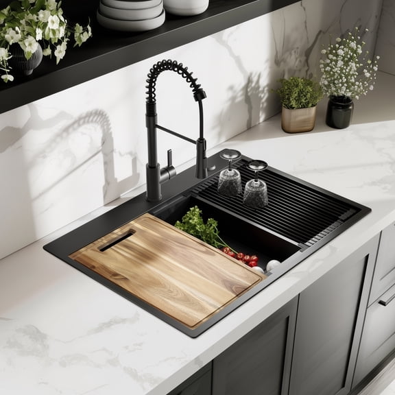 Boyuevi 32 inch Gunmetal Black Drop-In Workstation Sink, 18 Gauge Single Bowl Topmount Stainless Steel Kitchen Sink with Various Accessories