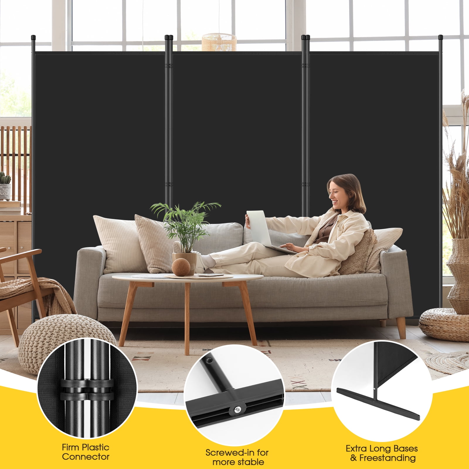 70''W x 102''H Modern Room Divider, Folding Privacy Screen with 3 Panels and Metal Standing, Portable Wall Partition for Home Office Separator, Black