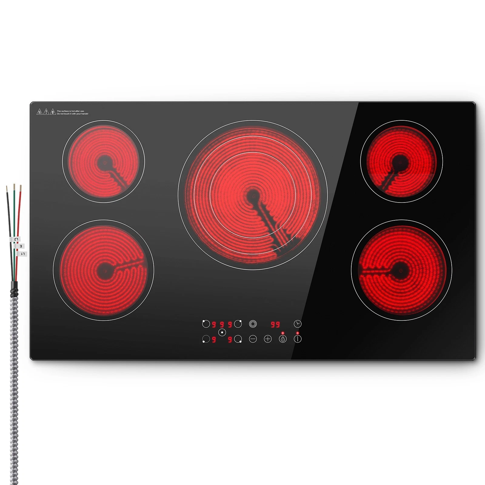 36 inch Electric Cooktop 5 Burners 9000W Built-in Glass Ceramic Electric Stove Top with Touch Control 9 Power Levels Child Lock Triple-Ring Zone 240V Hardwired for Kitchen Countertop 36"