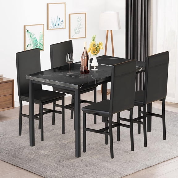 MIERES 4-Person Dining Table Set, Modern Marble-Look Dining Table Set, 4-Piece Kitchen Table and Chair Set, Includes 4 PU Leather Chairs, Ideal for Small Spaces, Apartments, and Dining Rooms, Black