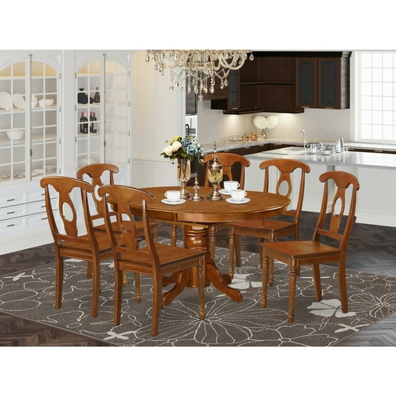 Coastal Dining Set - 7 Piece Oval Table & 6 Chairs - Saddle Brown Wood Finish