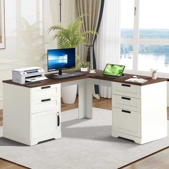 60" Farmhouse L Shaped Executive Desk - Home Office Corner Computer Desk with Drawers, Lockable Storage File Cabinet and Power Outlets, Wood Standing Writing Desk for Work Study (White)