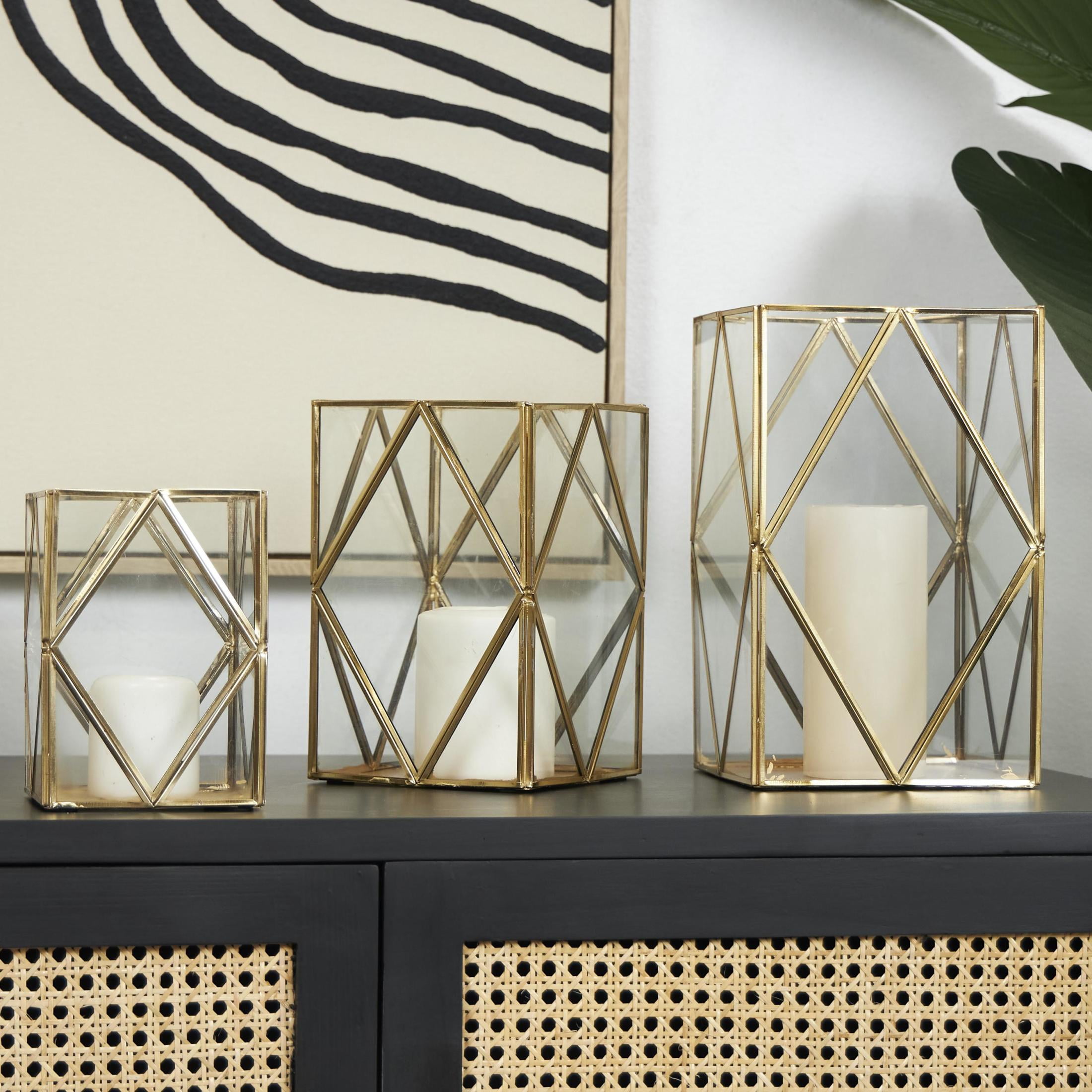 CosmoLiving by Cosmopolitan 3 Holder Gold Metal Geometric Diamond Patterned Rectangular Candle Lantern, Set of 3