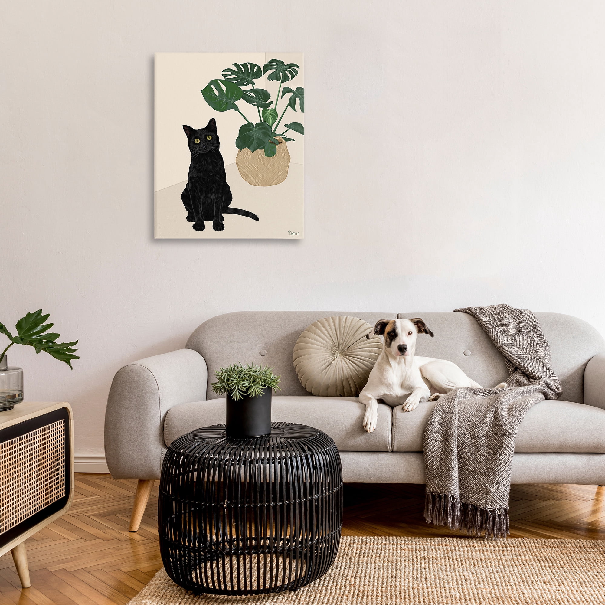 Stupell Industries Black Cat & Monstera Plant Animals & Insects Painting Gallery Wrapped Canvas Art Print Wall Art, 30 x 40