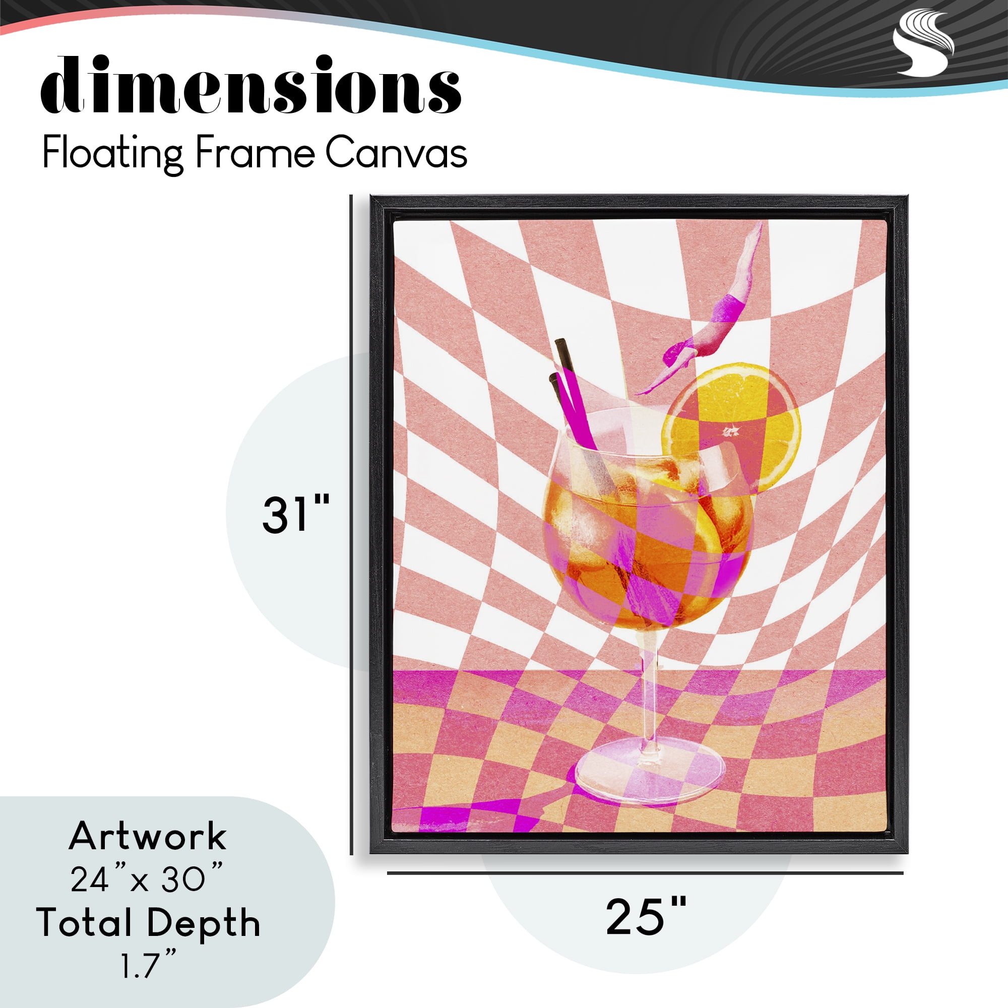 Retro Checkered Summer Cocktail Black Framed Floater Canvas Wall Art, design by Lil' Rue