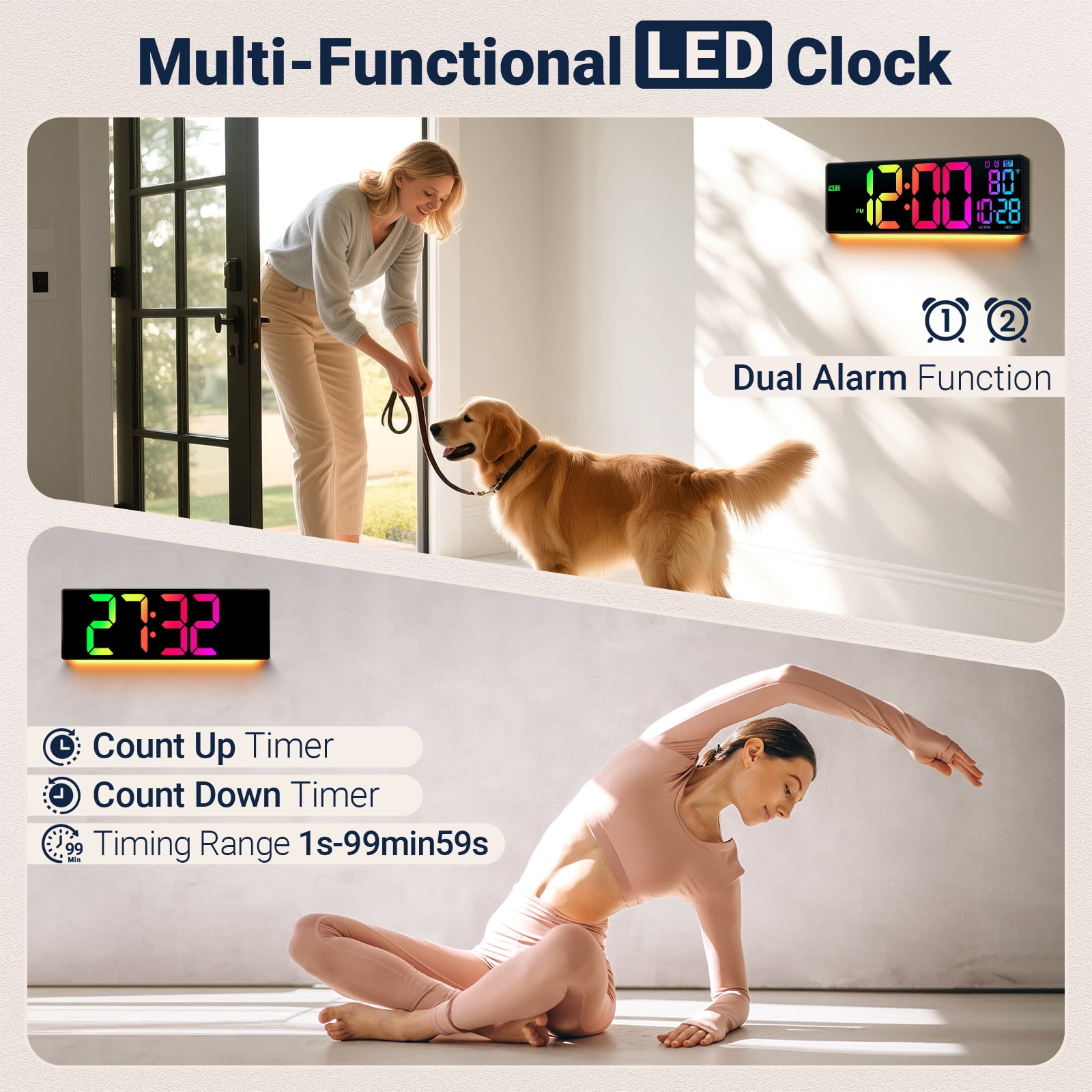 16" Large Digital Wall Mount Clock, Count Down Timer, Alarm, Big LED, DST, Temperature for Living Room Classroom Desk, Xmas, Birthday Gift for Senior Men Women Mom Dad, Colorful