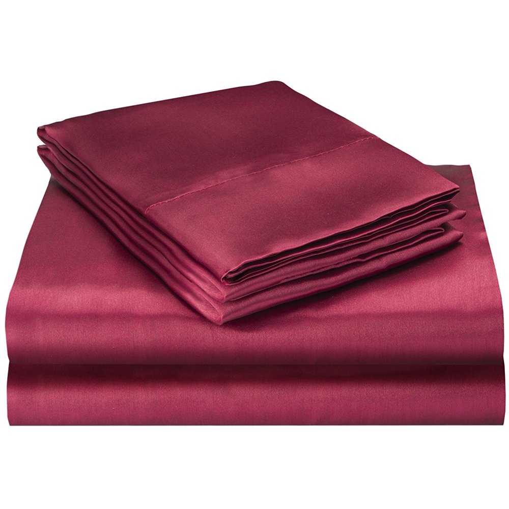 ELAINE KAREN Soft Silky Satin Queen Bed Sheet Set, Burgundy