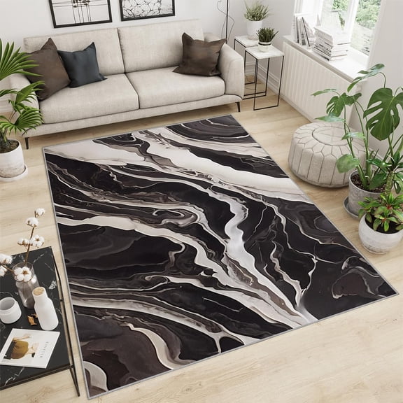 Area Rugs Black And White Fluid Art Graffiti, Nordic Abstract Marble Texture Lounge Rug, Sofa Cushion Machine Washable For Home Decor Playroom Cafe Office 1x2ft