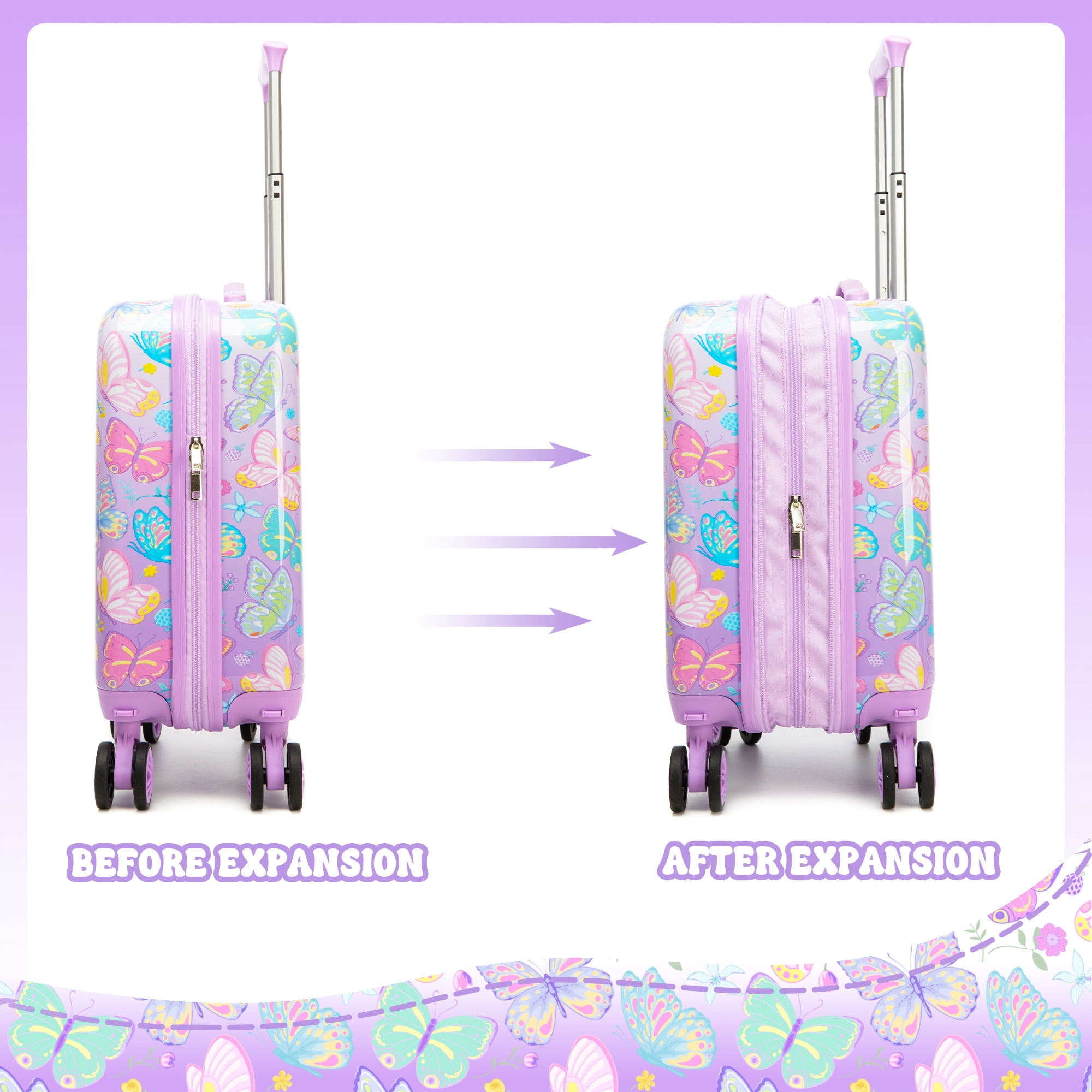 Kids Carry on Luggage Sets for Girls Hard Shell Suitcases with Wheels Hardshell Suitcase with Duffle Bag for Travel Neck Pillow Airplane Butterfly