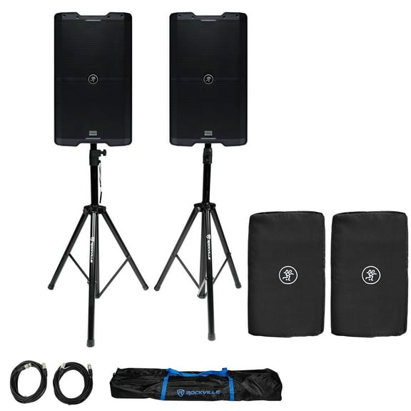 2 Mackie SRM212 V-Class 12” 2000w Powered Bluetooth PA DJ Speakers Stands Covers