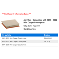 thumbnail image 2 of Air Filter - Compatible with 2017 - 2022 Mini Cooper Countryman 2018 2019 2020 2021, 2 of 2