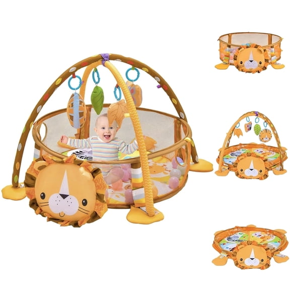 5-in-1  Play Mat,Play Gym Ball Pit with 30 Balls & 4 Toys, Promotes Sensory Exploration and Motor Skill Development Toys (Lion)
