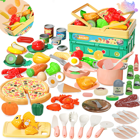 94pcs Kids Pretend Play Food Cutting Playset with Foldable Storage Basket Assorted food and Kitchen Utensils Grocery Kitchen Pretend Play House Toys Chef Role Play Toy for Kids Ages 3 and Up