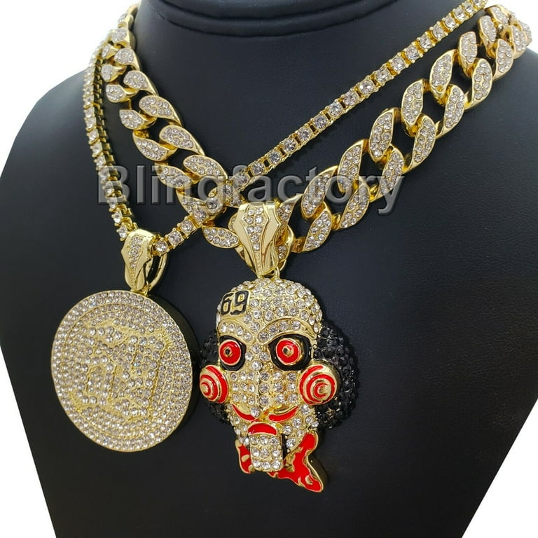 Hip Hop Tekashi69 Jigsaw 69 Pendant 18 inch Full Iced Cuban Choker Chain Necklace Women s Size One size Grey