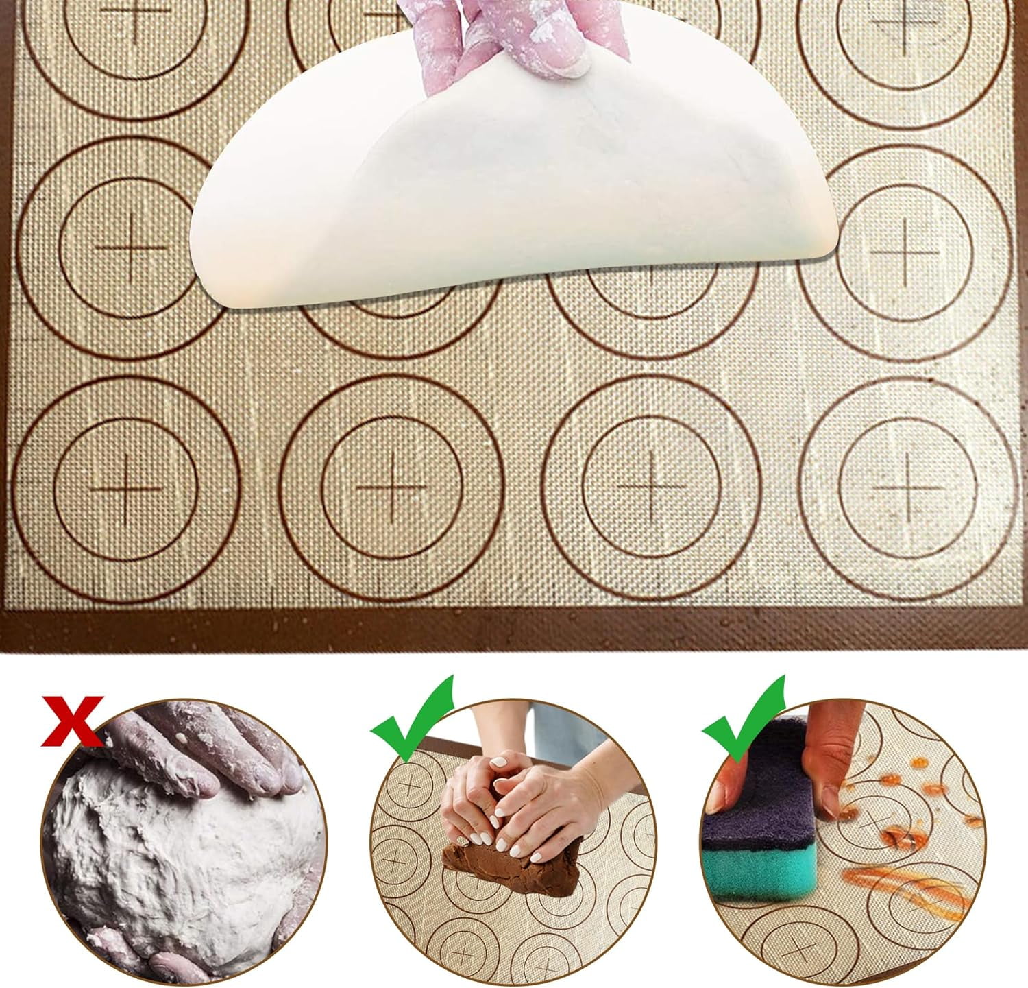 Macaron Silicone Baking Mats Set: 3 Pack Non-Stick Silicone Baking Mat - Heat Resistant, Reusable Baking Sheet Cookie Oven Liner for Macaroons, Bake Pans, Pizza, Toaster (Brown+Green+Pink)