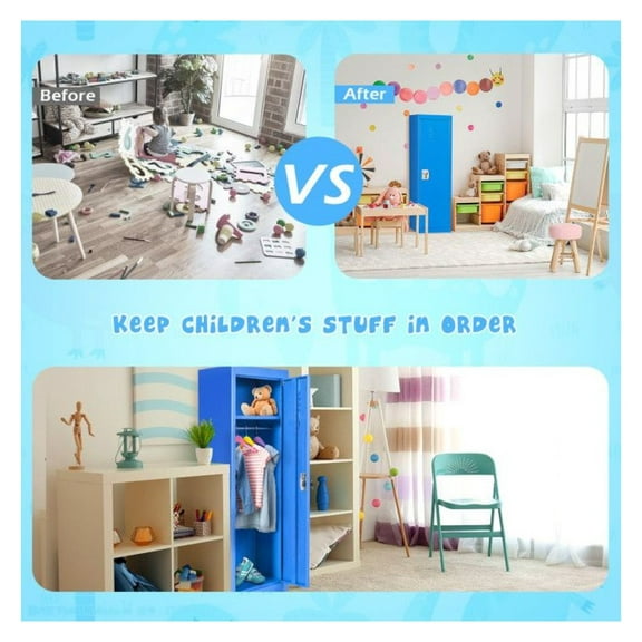 48 Inch Kids Metal Locker - Single Tier School Storage Cabinet - Blue Iron Lockers with Key & Hanging Rod - Children' Bedroom & Classroom Organization - Durable Steel Cabinet