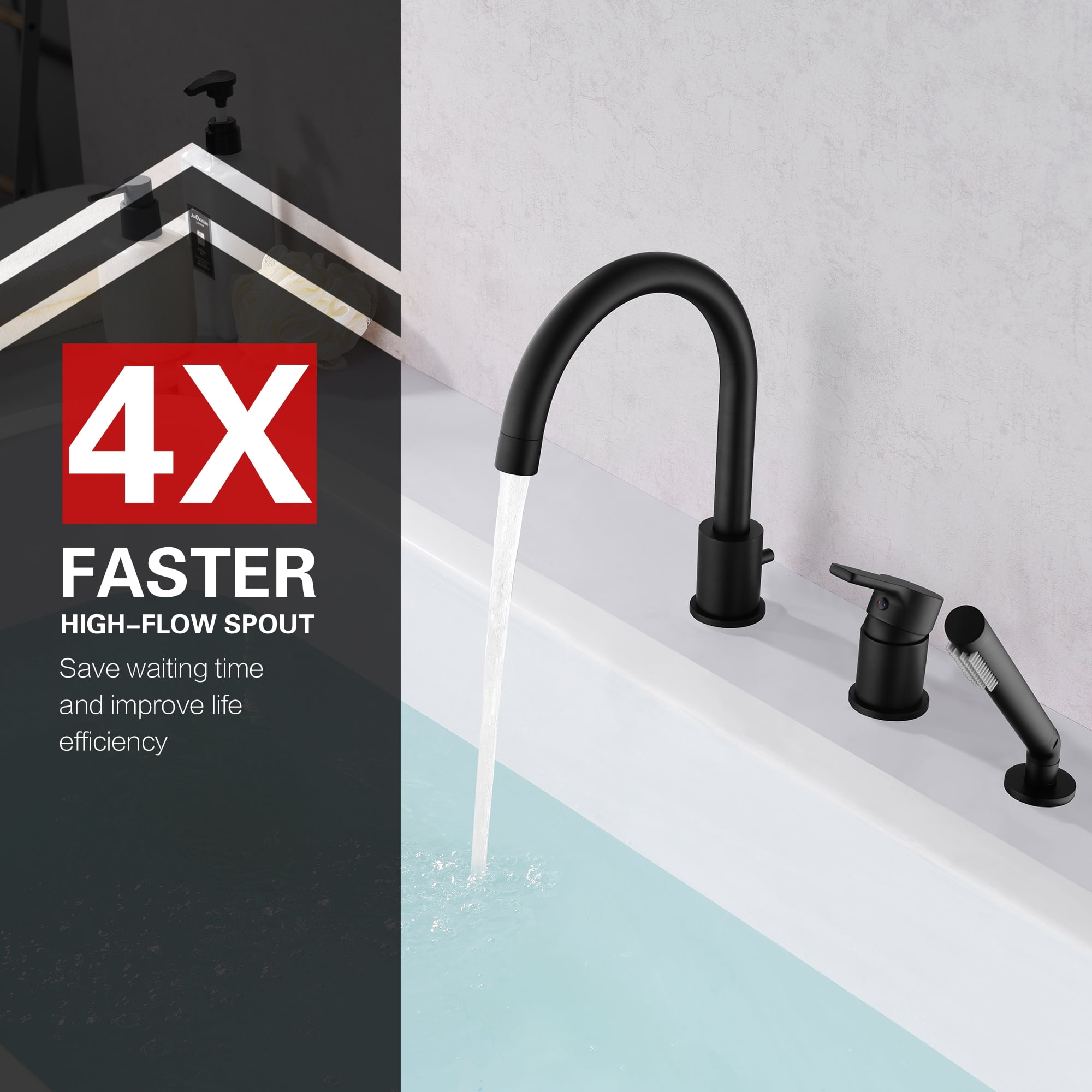 Sumerain 3 Hole Brass Matte Black Roman Tub Faucet with Handheld Shower