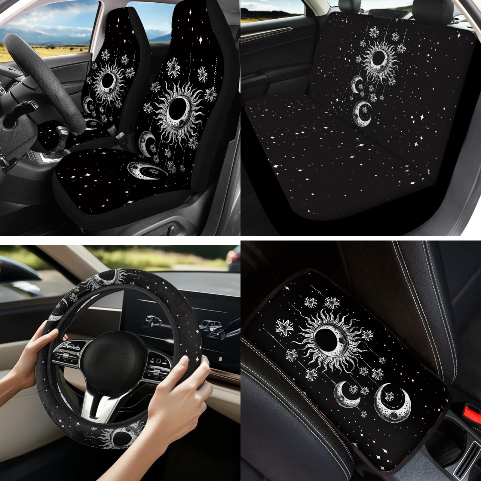 Yuyamidu 13 PCS Car Accessories Set Black Sun and Moon Auto Seat Covers and Steering Wheel Cover Seatbelt Pad Armrest Cover Pad Coasters Keychain